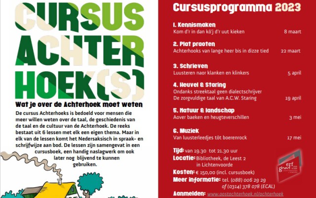 Afbeelding van de omslag van de Cursus Achterhoeks 2023 met het cursusprogramma en data. Afbeelding van de omslag van de Cursus Achterhoeks 2023 met het cursusprogramma en data.